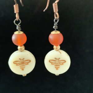 Earrings: Czech glass with gold bee imprint, cast metal beads, copper finish ear wires
