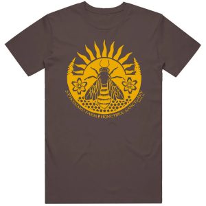 Spikenard Honeybee Sanctuary T-shirt. Gold print on bark brown. A single bee and honeycomb on top of a stylized sun.