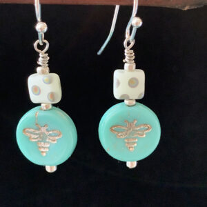 Earrings: Czech glass with gold bee imprint, silver finish ear wires