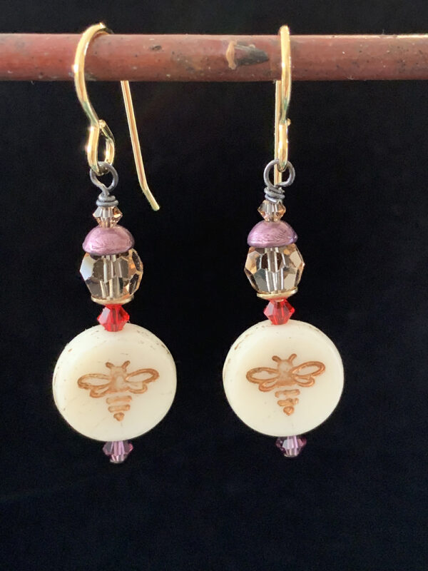 Earrings: Czech glass with gold bee imprint, gold finish ear wires