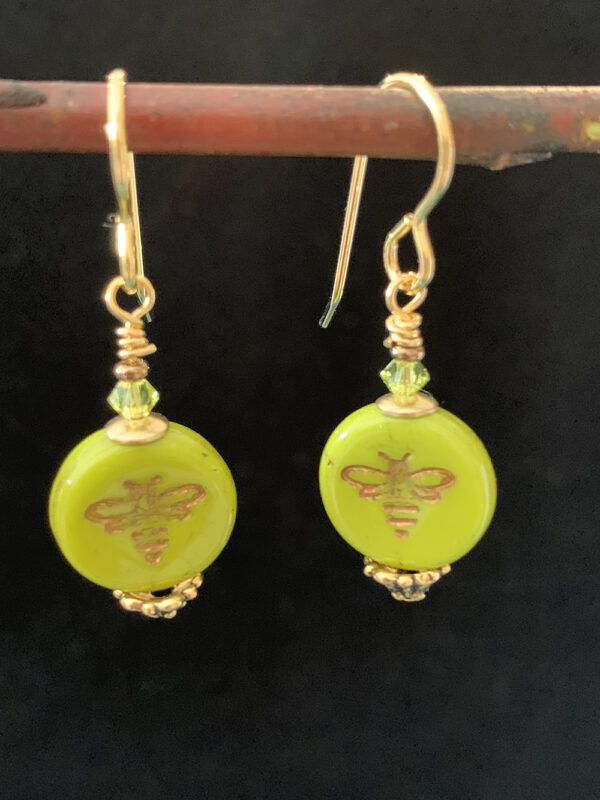 Earrings: Austrian crystal, Czech glass with gold bee imprint, gold finish ear wires