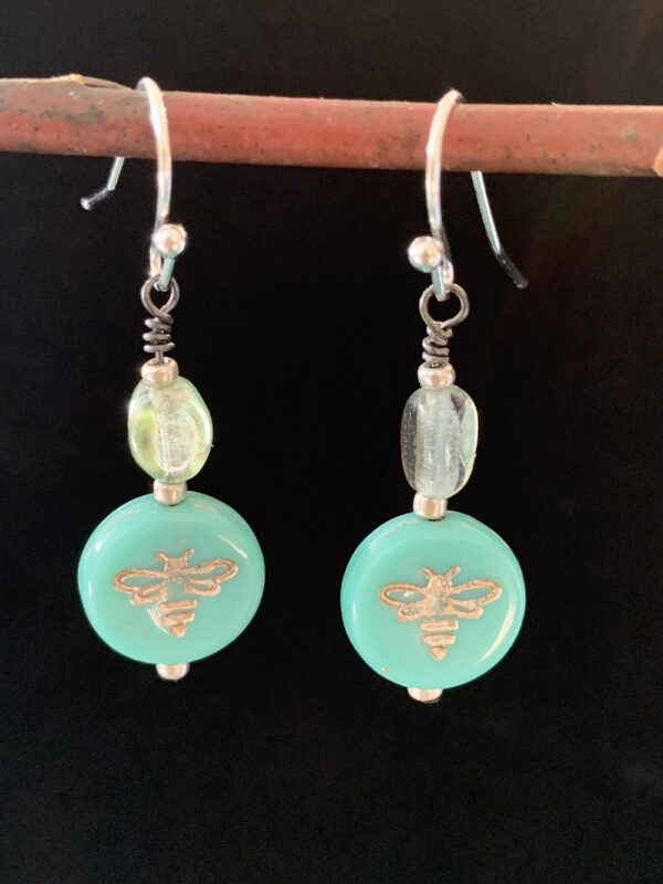 Earrings: Czech glass with gold bee imprint, silver finish ear wires