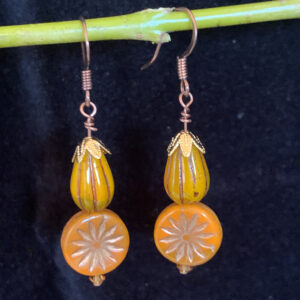 Earrings: Austrian crystal and Czech glass in shades of orange and gold, copper finish ear wires