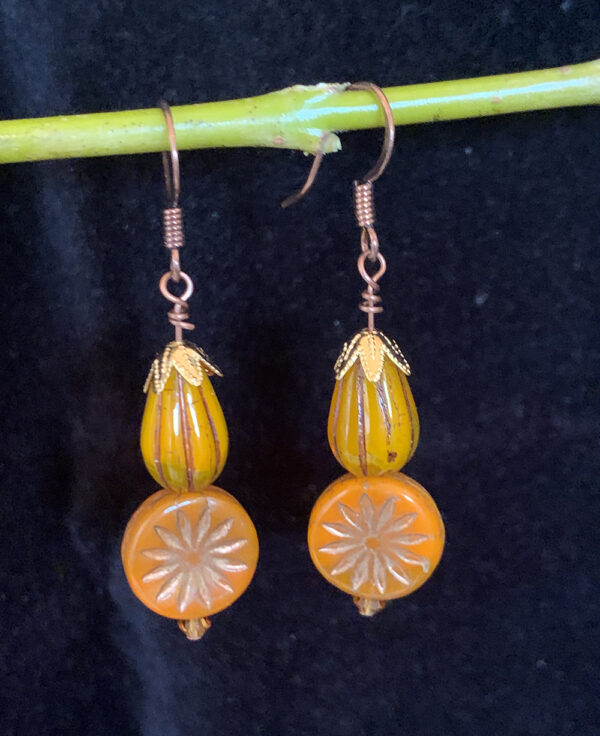 Earrings: Austrian crystal and Czech glass in shades of orange and gold, copper finish ear wires