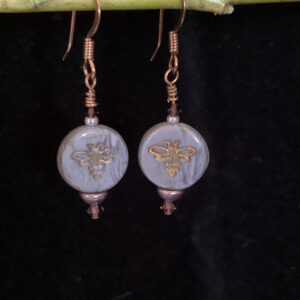 Earrings: Austrian crystal and Czech glass with bee imprint in shades of grey, clear and purple, copper finish ear wires