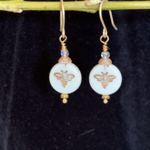 Earrings: Austrian crystal and Czech glass with bee imprint. Shades of cream, gold, iridescent clear, gold finish ear wires