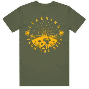 Learning from the Bees t-shirt with logo in gold on moss green background. Logo shows a bee skep on a field of gold with dandelions and honeybees.